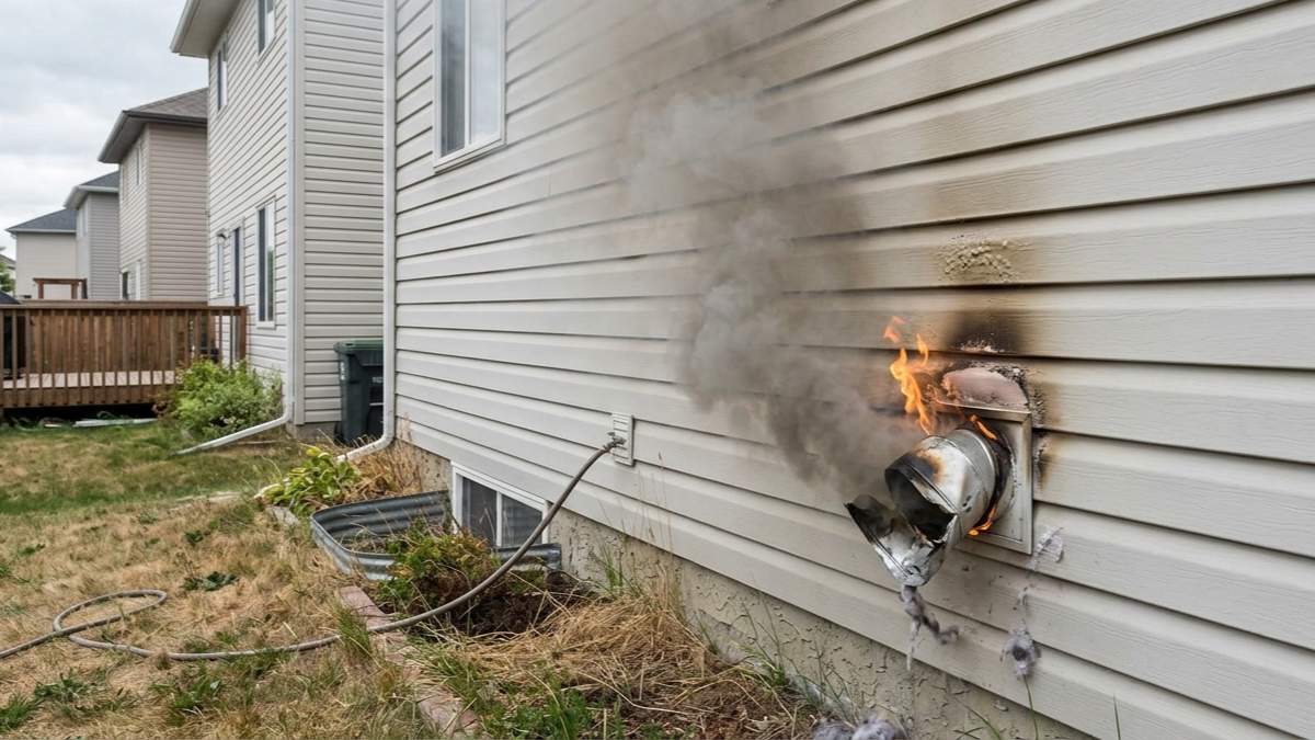 Exterior dryer vent on the side of a home catching fire with flames and smoke, illustrating the fire hazard caused by clogged dryer vents.